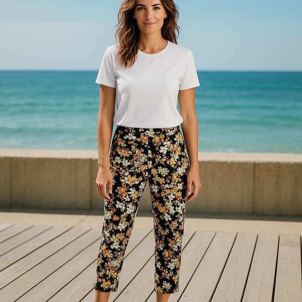 Vibrant Black and Yellow Floral Ankle Pants